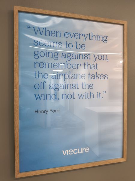 The image shows a framed poster with a motivational quote by Henry Ford, "When everything seems to be going against you, remember that the airplane takes off against the wind, not with it," displayed on a light blue background. The frame is wooden, and the poster is mounted on a beige wall. The bottom right corner features the word "viecure" in white text.
