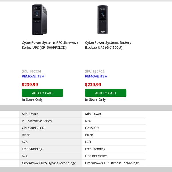 The image displays two CyberPower Systems UPS models: the PFC Sinewave Series UPS (CP1500PFCLCD) and the Battery Backup UPS (GX1500U), both priced at $239.99. The CP1500PFCLCD is a mini-tower, black in color, and features GreenPower UPS Bypass Technology. The GX1500U is also a mini-tower, black, with an LCD display and Line Interactive technology. Both are available for in-store purchase only.