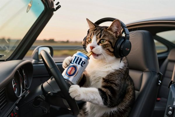 The image features a tabby cat sitting in the driver's seat of a convertible car, wearing black headphones and holding a Miller Lite beer can. The car's interior is black, and the setting appears to be during sunset, with a clear sky and open road visible through the windshield.