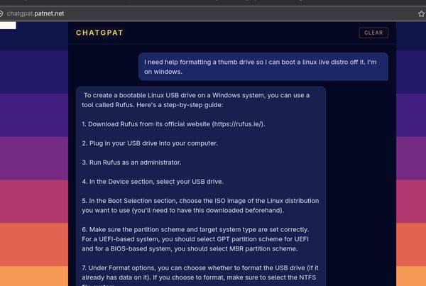 The image shows a chat interface from "chatgpat.patnet.net," where a user is seeking help on formatting a USB drive to boot a Linux live distribution from Windows. The chat window displays a step-by-step guide for creating a bootable Linux USB drive using Rufus, including instructions on downloading Rufus, selecting the USB drive, choosing the Linux ISO image, and setting the partition scheme and file system. The background features a gradient of purple and orange stripes, and the chat interface has a dark theme with text in white and yellow.