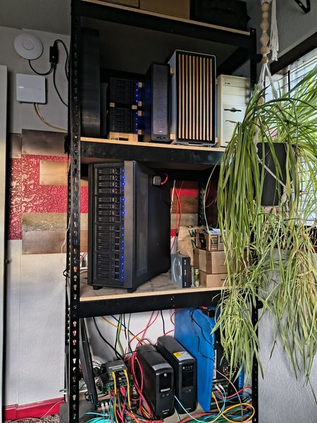 The image shows a black metal shelving unit in a home office setting, housing various computer hardware and networking equipment. The top shelf holds a black server with blue LED lights, a black router, and a beige modem. The middle shelf contains more networking equipment, including a black server with multiple drives and a blue LED light, along with cardboard boxes and a blue bag. The bottom shelf is cluttered with cables, additional servers, and a black monitor. A green spider plant hangs from the right side of the shelf, adding a touch of nature to the tech-heavy environment. The wall behind the shelf features a colorful, textured panel with red, brown, and beige tones.