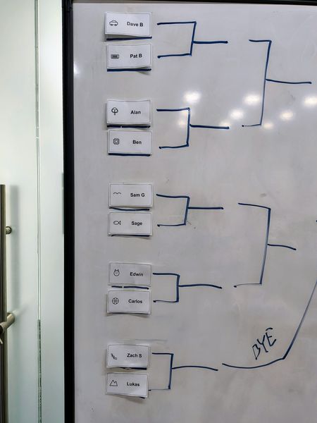 The image shows a whiteboard with a hand-drawn flowchart in blue marker. The flowchart includes names such as Dave B, Pat B, Alan, Ben, Sam G, Sage, Edwin, Carlos, Zach S, and Lukas, each with a small icon next to their name. The flowchart branches out in various directions, with the word "BYE" written at the bottom right corner. The whiteboard is mounted on a wall with a metallic door frame visible on the left side.